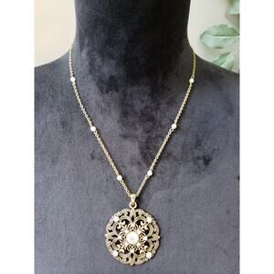 Women's Antique Gold Pendant Necklace with Pearl Accents and Lobster Clasp